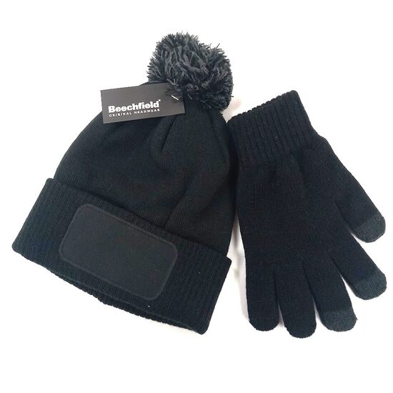 Cepure ar bumbuli un atstarojošu spēka zīmi, komplektā ar adītiem cimdi skārienjutīgajiem ekrāniem